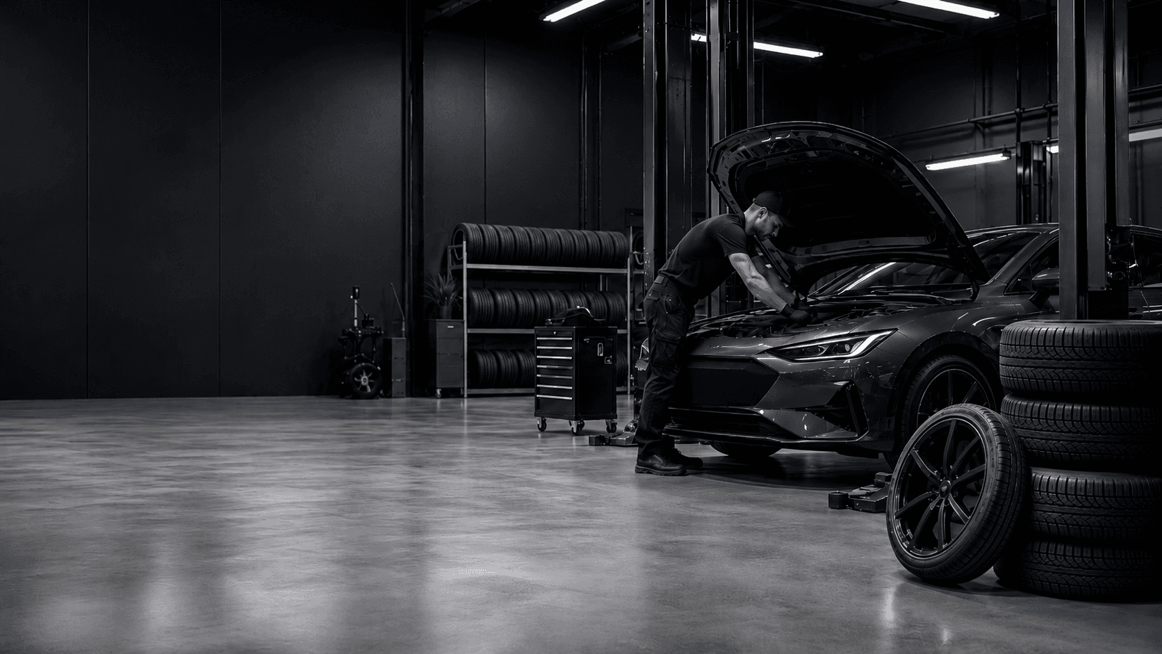 Technician working on a car at Race Tyres and Auto Centre